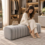 Additional view of Leechory Grey Upholstered Accent Bench, showing cushioned seating and seamless elongated profile.
