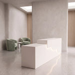 Lexmino White Modern Salon Reception Desk product view showing spacious countertop in a clean, contemporary salon setting.
