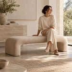 Close-up of Lillypora Beige Bouclé Bench, highlighting fully upholstered design for a closer look at the product design.