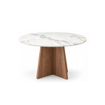 Linosola Marble Top 4-Seater Dining Table with a round veined surface over intersecting wood panels on a white background.
