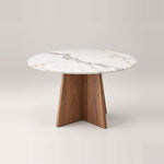 Linosola Marble Top 4-Seater Dining Table in a softly lit studio, featuring grey surface veining and warm wood grain.