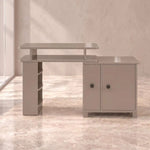 Lisry Beige Manicure Table with Storage featuring spacious work surface and open shelving in a clear product photograph.