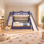 Lixoniya Purple Kids Bunk Bed with Slide, detailed with a cream slide and a purple upper bunk beside a playroom window.