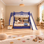 Lixoniya Purple Kids Bunk Bed with Slide with a woman and child on the bottom bunk, featuring a window-shaped upper rail.
