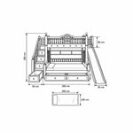 Lixoniya Purple Kids Bunk Bed with Slide size sketch showing a window-shaped upper rail; 200 cm across the main bed.