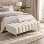 Losara Cream Bouclé Upholstered Bench product view showing textured bouclé upholstery for room layout and styling ideas.
