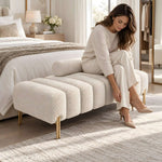 Close-up of Losara Cream Bouclé Upholstered Bench, highlighting segmented cushioned seat for a modern entryway interior.