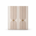 Lottomira 4 Door Wooden Wardrobe shown with a four-door front, circular brass-tone handles and flowing grooved patterns.