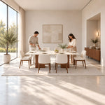 Ludwista Marble Top 6-Seater Dining Table product view showing rectangular tabletop with a light marble-look appearance.