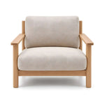 Lukiyano Beige Accent Chair product view showing plush cushioned seat, supportive back cushion, and exposed wooden armrests.