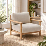 Close-up of Lukiyano Beige Accent Chair, highlighting plush cushioned seat in a clean, contemporary living room setting.