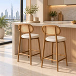 Second view of Lukratto Wooden Cane Back Bar Stool, highlighting oval cane backrest and upholstered cushioned seat.