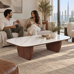 Alternate view of Lumeniky White Marble Coffee Table, showing rounded rectangular top, softly curved edges, and wooden legs.