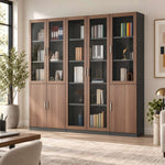 Luzymora Wooden Storage Display Cabinet product view showing multiple doors in a clean, contemporary bedroom setting.