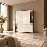 Lyroniya Wooden Storage Cabinet: an asymmetrical front, offset open niches and warm accent sections in a sunlit bedroom.