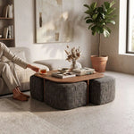 Detailed view of Makina Wooden Coffee Table with Ottomans, highlighting rounded tabletop and four compact ottomans.