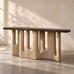 Mallisora Wooden Console Table featuring u-shaped supports and contrasting wood finishes in a clear product photograph.