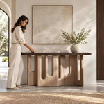 Close-up of Mallisora Wooden Console Table, highlighting u-shaped supports in a clean, contemporary entryway setting.