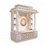 Detail photo of Shivam Premium Corian Marble Pooja Mandir, showing smooth Matte/Gloss Corian Finish in a modern home setting.