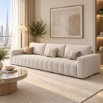 Meawoo Beige 3-Seater Sofa product view showing three back cushions and generously padded seat in a modern home setting.