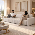Close-up of Meawoo Beige 3-Seater Sofa, highlighting three back cushions in a clean, contemporary living room setting.