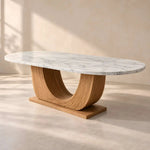 Melmanro Marble Top 6-Seater Dining Table product photo showing oval top and curved base in a clean studio setting.