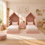 Close-up of Melpony Pink Kids Twin Bed with Nightstand, highlighting vertical back detailing in a balanced home interior.