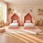 Melpony Pink Kids Twin Bed with Nightstand product view showing two house-shaped headboards in a balanced home interior.