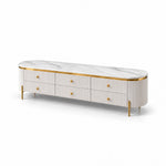 Melsiny White Marble Top TV Unit: six textured drawers, rounded cream ends and small gold-tone knobs on a white background.