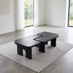 Mergino Modern Wooden Coffee Table featuring two-piece interlocking design and rounded edges in a clear product photograph.