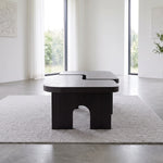 Close-up of Mergino Modern Wooden Coffee Table, highlighting two-piece interlocking design in a balanced home interior.