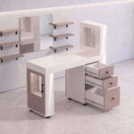 Additional view of Mersidalo White Modern Manicure Table with Storage, showing side cabinet for a modern salon interior.