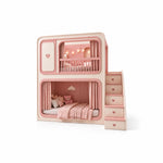 Milnova Pink Kids Bunk Bed, detailed with curtains on both levels and right-side drawer stairs against a white backdrop.