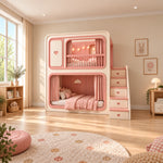 Milnova Pink Kids Bunk Bed beside a playroom window, featuring two sleeping platforms and rounded pink bunk frames.