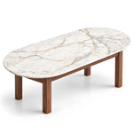 Mockilova Marble Coffee Table featuring oval top and four wood legs in a clear product photograph in a modern home setting.