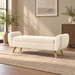 Modenora Cream Upholstered Bench product photo showing cushioned seat and curved backrest in a clean studio setting.
