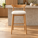 Morgilo Wooden Bar Stool with Upholstered Seat product photo showing curved wooden backrest in a clean studio setting.