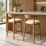Morgilo Wooden Bar Stool with Upholstered Seat product view showing curved wooden backrest in a balanced home interior.