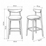 Morgilo Wooden Bar Stool with Upholstered Seat size guide lists 55 W x 50 D x 110 H cm to help plan fit in the dining room.
