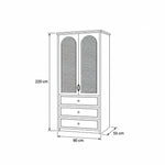 Mossylora Cane Cabinet Storage with Three Drawers: two arched cane doors in a line drawing marked 90 × 55 × 220 cm.