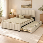 Movcopper Beige Kids Trundle Bed pairs an extended side underbed with rounded padded channels against a bedroom wall.
