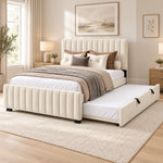 Movcopper Cream Kids Trundle Bed, detailed with small dark feet and rounded padded channels in a furnished bedroom.