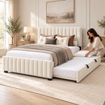 Movcopper Cream Kids Trundle Bed beside a woman making the pull-out bed; an extended side underbed and small dark feet.