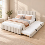 Movcopper Ivory Kids Trundle Bed combines black trundle pull handles with an extended side underbed in a sunlit bedroom.