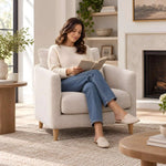 Close-up of Naroosina Beige Upholstered Accent Chair, highlighting padded seat with the finish and form clearly visible.