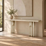 Nirolima Wooden Console Table product view showing slim profile and rounded tabletop to show the product's overall form.