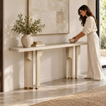 Close-up of Nirolima Wooden Console Table, highlighting slim profile and rounded tabletop for a modern entryway interior.