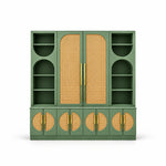 Oblisona Green 2 Door Storage Cabinet with Open Shelves, detailed with a deep lower cupboard base on a white background.