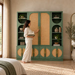 Oblisona Green 2 Door Storage Cabinet with Open Shelves with a woman at the front of the wardrobe, showing green cabinetry.