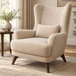 Close-up of Ojikino Beige Wingback Accent Chair, highlighting high wingback backrest for a modern living room interior.
